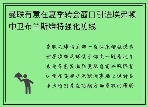 曼联有意在夏季转会窗口引进埃弗顿中卫布兰斯维特强化防线 曼联有意在夏季转会窗口引进埃弗顿中卫布兰斯维特强化防线